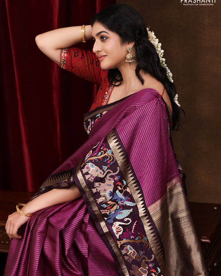 Magenta pink -Deep wine Pure kanchipuram silk saree with Border Embroidery