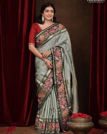 Pastel green -Grey Pure kanchipuram silk saree with Border Embroidery