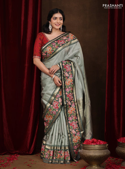 Pastel green -Grey Pure kanchipuram silk saree with Border Embroidery