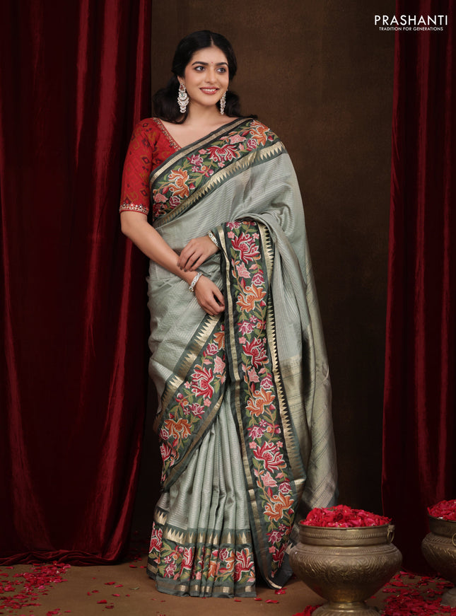 Pastel green -Grey Pure kanchipuram silk saree with Border Embroidery
