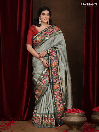 Pastel green -Grey Pure kanchipuram silk saree with Border Embroidery
