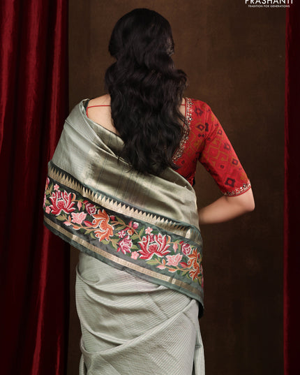 Pastel green -Grey Pure kanchipuram silk saree with Border Embroidery