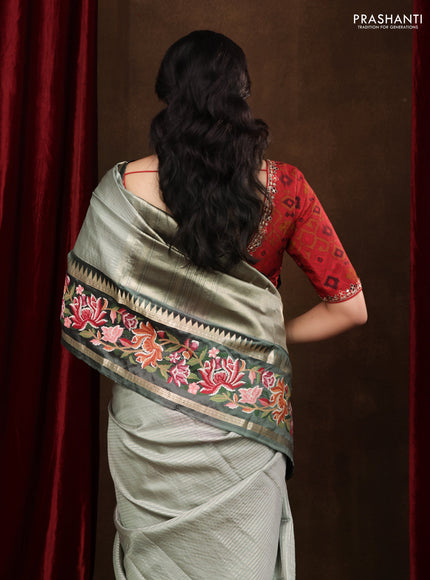 Pastel green -Grey Pure kanchipuram silk saree with Border Embroidery