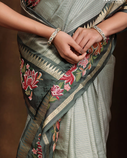 Pastel green -Grey Pure kanchipuram silk saree with Border Embroidery