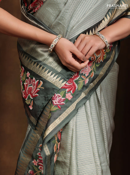 Pastel green -Grey Pure kanchipuram silk saree with Border Embroidery