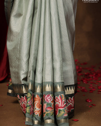 Pastel green -Grey Pure kanchipuram silk saree with Border Embroidery