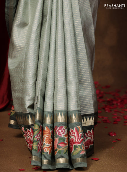 Pastel green -Grey Pure kanchipuram silk saree with Border Embroidery