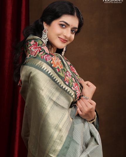 Pastel green -Grey Pure kanchipuram silk saree with Border Embroidery