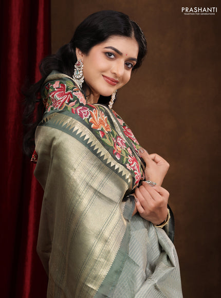 Pastel green -Grey Pure kanchipuram silk saree with Border Embroidery