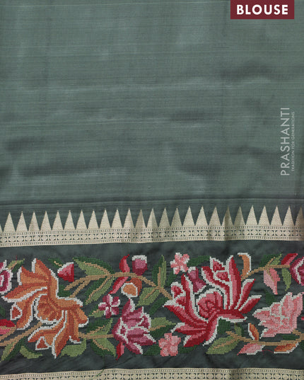 Pastel green -Grey Pure kanchipuram silk saree with Border Embroidery