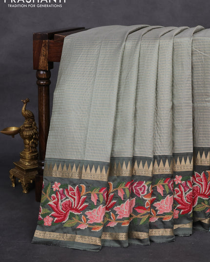 Pastel green -Grey Pure kanchipuram silk saree with Border Embroidery