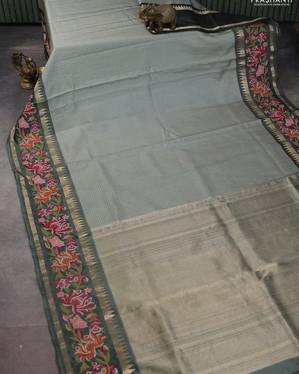 Pastel green -Grey Pure kanchipuram silk saree with Border Embroidery