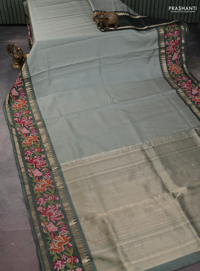 Pastel green -Grey Pure kanchipuram silk saree with Border Embroidery