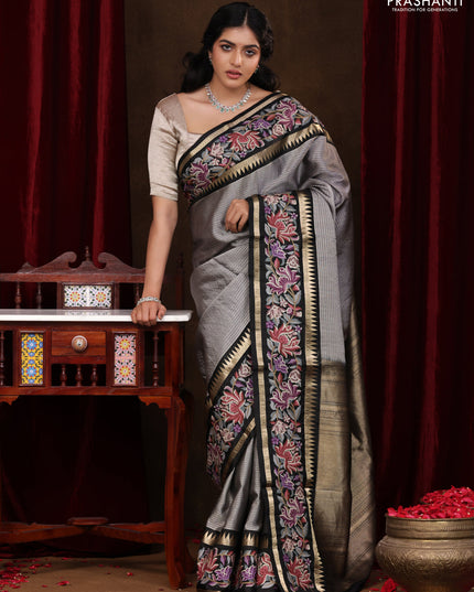 Grey-Black Pure Kanchipuram Silk Saree With Zari Weaves & Border Embroidery