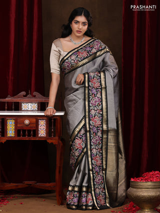 Grey-Black Pure Kanchipuram Silk Saree With Zari Weaves & Border Embroidery