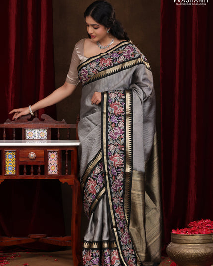 Grey-Black Pure Kanchipuram Silk Saree With Zari Weaves & Border Embroidery