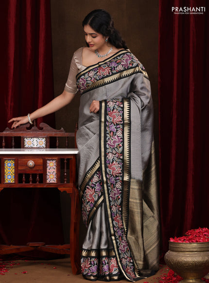 Grey-Black Pure Kanchipuram Silk Saree With Zari Weaves & Border Embroidery