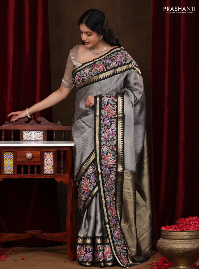 Grey-Black Pure Kanchipuram Silk Saree With Zari Weaves & Border Embroidery
