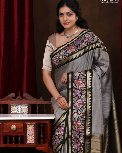 Grey-Black Pure Kanchipuram Silk Saree With Zari Weaves & Border Embroidery