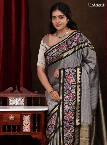 Grey-Black Pure Kanchipuram Silk Saree With Zari Weaves & Border Embroidery