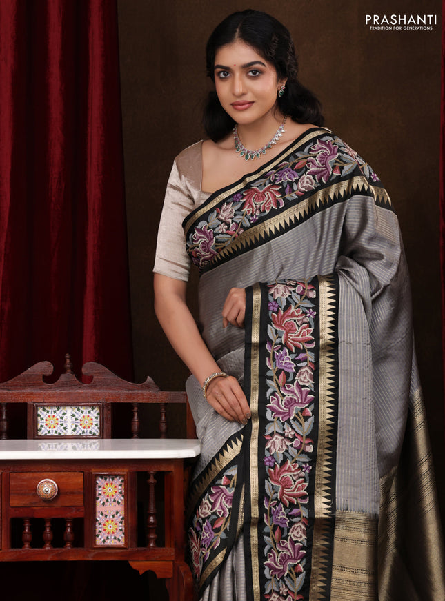 Grey-Black Pure Kanchipuram Silk Saree With Zari Weaves & Border Embroidery