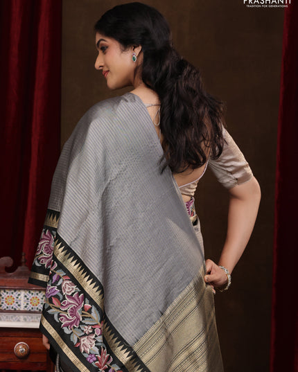 Grey-Black Pure Kanchipuram Silk Saree With Zari Weaves & Border Embroidery