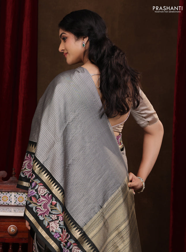 Grey-Black Pure Kanchipuram Silk Saree With Zari Weaves & Border Embroidery