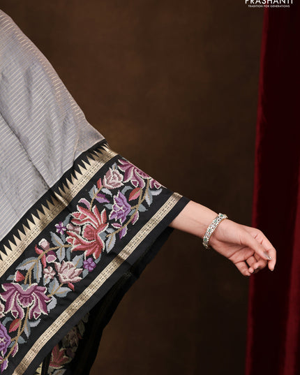 Grey-Black Pure Kanchipuram Silk Saree With Zari Weaves & Border Embroidery