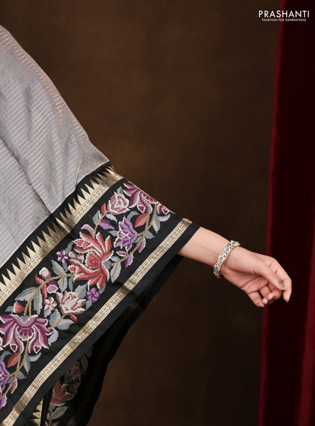 Grey-Black Pure Kanchipuram Silk Saree With Zari Weaves & Border Embroidery