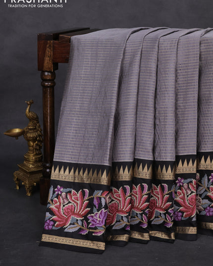 Grey-Black Pure Kanchipuram Silk Saree With Zari Weaves & Border Embroidery