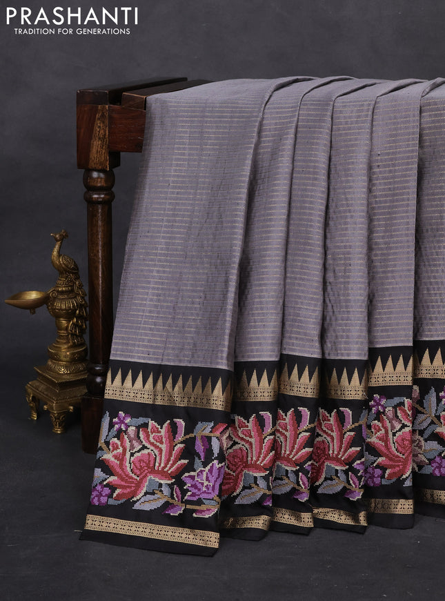 Grey-Black Pure Kanchipuram Silk Saree With Zari Weaves & Border Embroidery