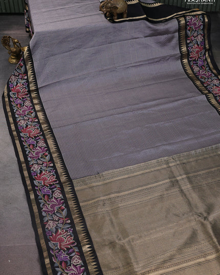 Grey-Black Pure Kanchipuram Silk Saree With Zari Weaves & Border Embroidery