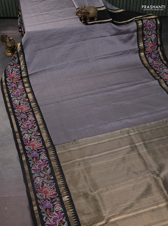 Grey-Black Pure Kanchipuram Silk Saree With Zari Weaves & Border Embroidery