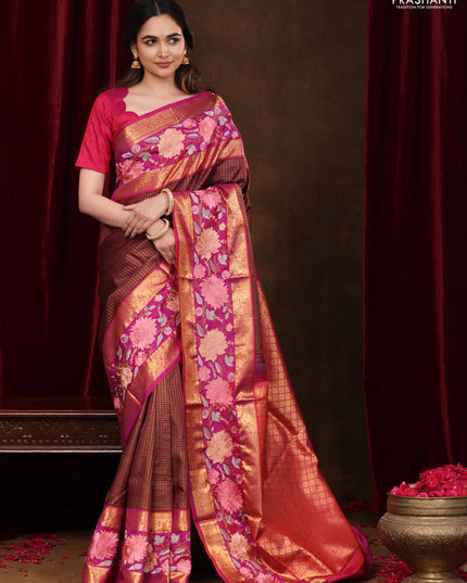 Maroon-Pink Pure Kanchipuram Silk Saree With Zari Checks & Border Embroidery