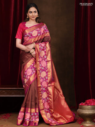 Maroon-Pink Pure Kanchipuram Silk Saree With Zari Checks & Border Embroidery