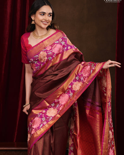 Maroon-Pink Pure Kanchipuram Silk Saree With Zari Checks & Border Embroidery