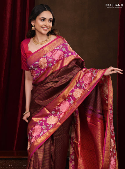 Maroon-Pink Pure Kanchipuram Silk Saree With Zari Checks & Border Embroidery