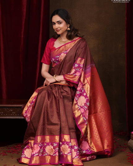 Maroon-Pink Pure Kanchipuram Silk Saree With Zari Checks & Border Embroidery