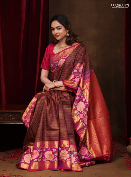 Maroon-Pink Pure Kanchipuram Silk Saree With Zari Checks & Border Embroidery