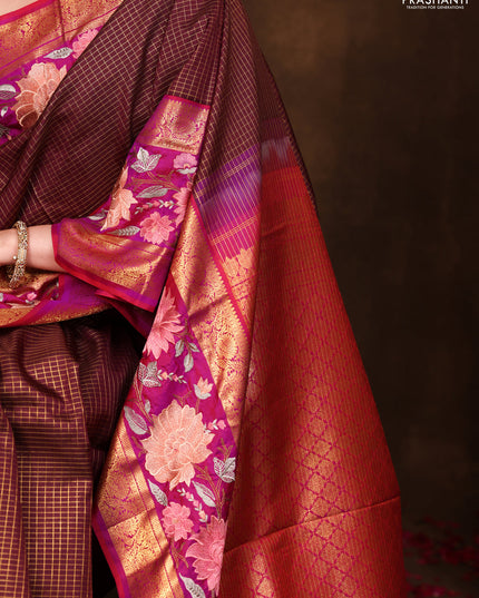 Maroon-Pink Pure Kanchipuram Silk Saree With Zari Checks & Border Embroidery
