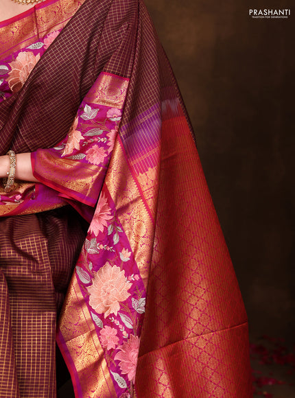 Maroon-Pink Pure Kanchipuram Silk Saree With Zari Checks & Border Embroidery