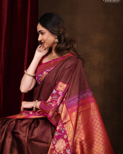 Maroon-Pink Pure Kanchipuram Silk Saree With Zari Checks & Border Embroidery