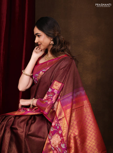 Maroon-Pink Pure Kanchipuram Silk Saree With Zari Checks & Border Embroidery