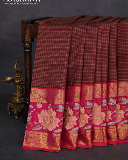 Maroon-Pink Pure Kanchipuram Silk Saree With Zari Checks & Border Embroidery