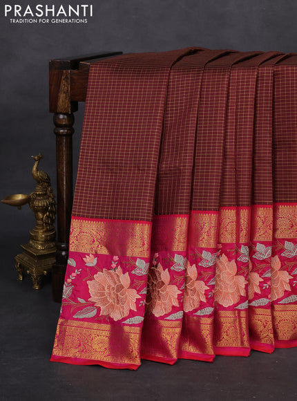 Maroon-Pink Pure Kanchipuram Silk Saree With Zari Checks & Border Embroidery