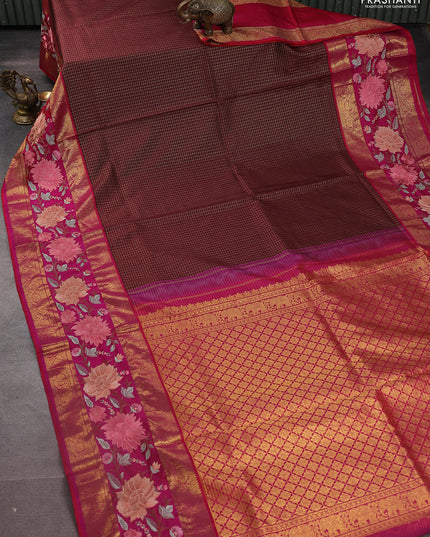 Maroon-Pink Pure Kanchipuram Silk Saree With Zari Checks & Border Embroidery