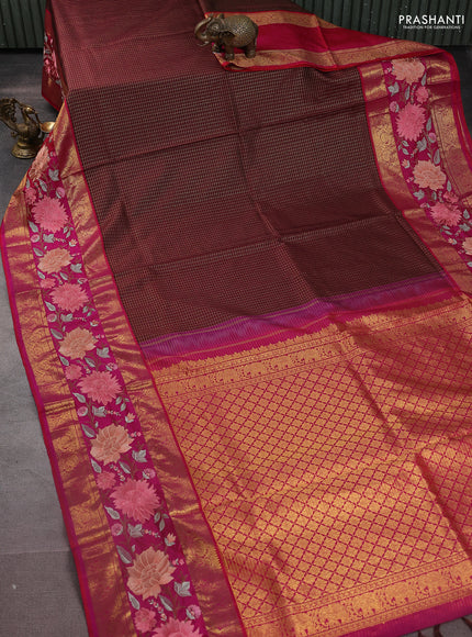 Maroon-Pink Pure Kanchipuram Silk Saree With Zari Checks & Border Embroidery