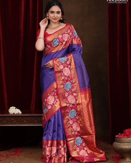 Blue -Pink Pure Kanchipuram Silk Saree With Zari Checks & Border Embroidery