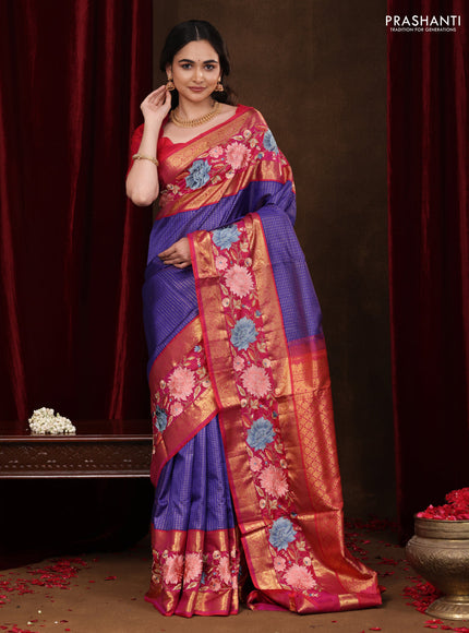 Blue -Pink Pure Kanchipuram Silk Saree With Zari Checks & Border Embroidery