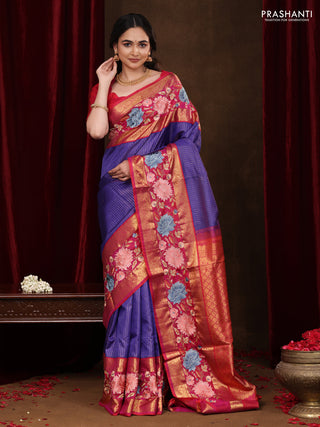 Blue -Pink Pure Kanchipuram Silk Saree With Zari Checks & Border Embroidery
